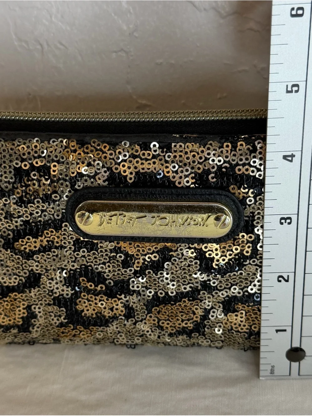 Betsey Johnson Black and Gold Sequin Wallet with Gold Nameplate